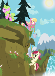 Size: 6000x8200 | Tagged: safe, artist:atnezau, artist:mundschenk85, artist:parclytaxel, daisy, flower wishes, lily, lily valley, roseluck, earth pony, pony, g4, absurd resolution, background pony, bucket, cliff, female, flower, flower in hair, flower trio, lily (flower), mare, mountain, mountain range, pine tree, rope, show accurate, straining, sweat, tree, trio, trio female, truth blossom, vector, waterfall