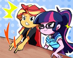 Size: 600x475 | Tagged: safe, artist:youhoujou, sci-twi, sunset shimmer, twilight sparkle, equestria girls, equestria girls specials, g4, my little pony equestria girls: better together, my little pony equestria girls: rollercoaster of friendship, clothes, duo, female, glasses, jacket, leather jacket, scene interpretation