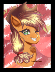 Size: 1900x2500 | Tagged: safe, artist:learicchan, applejack, earth pony, pony, g4, cowboy hat, female, grin, hat, mare, smiling, solo, stetson