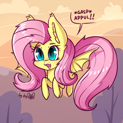 Size: 1280x1280 | Tagged: safe, artist:dsp2003, fluttershy, bat pony, pony, g4, 30 minute art challenge, appul, chest fluff, chibi, cute, cute little fangs, dsp2003 is trying to murder us, ear fluff, fangs, female, flutterbat, flying, hnnng, open mouth, race swap, shyabates, shyabetes, signature, single panel, slit pupils, solo, weapons-grade cute
