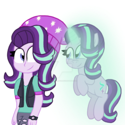 Size: 1024x1024 | Tagged: safe, artist:katevelasco, starlight glimmer, human, pony, equestria girls, g4, beanie, glowing horn, hat, horn, human ponidox, levitation, looking at each other, magic, self ponidox, simple background, smiling, telekinesis, transparent background