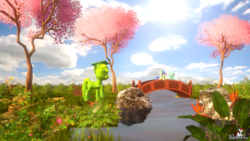 Size: 3840x2160 | Tagged: safe, artist:thewhitepone, bon bon, lyra heartstrings, sweetie drops, earth pony, pony, unicorn, g4, 3d, blossom trees, bridge, cherry blossoms, female, flower, flower blossom, high res, scenebuild, source filmmaker, water