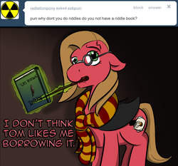 Size: 1280x1195 | Tagged: safe, artist:denton, oc, oc:pun, earth pony, pony, ask pun, ask, book, fake cutie mark, female, glasses, harry potter, harry potter (series), magic wand, mare, mouth hold, tom riddle