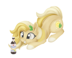 Size: 1438x1151 | Tagged: safe, artist:dusthiel, oc, oc only, oc:radler, earth pony, pony, bottle, crouching, cute, female, leaves, mare, ponified, radler, simple background, smiling, solo, transparent background