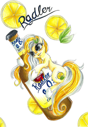 Size: 1576x2282 | Tagged: safe, artist:neobubbles, oc, oc only, oc:radler, pony, beer, bottle, cute, drink, female, food, lemon, non-alcoholic beer, radler, solo, traditional art