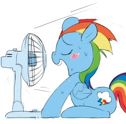 Size: 929x912 | Tagged: safe, artist:baigak, rainbow dash, pegasus, pony, g4, eyes closed, fan, female, mare, open mouth, solo, sweat