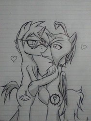 Size: 1920x2560 | Tagged: safe, artist:ianmata1998, oc, oc only, oc:ray cyber tech, oc:rito, pegasus, pony, unicorn, automata, black and white, blushing, cute, duo, gay, glasses, grayscale, heart, kissing, lined paper, love, male, monochrome, paper, sketch, traditional art