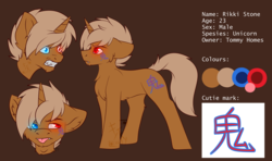 Size: 3800x2250 | Tagged: safe, artist:fkk, oc, oc only, oc:rikkistone, pony, unicorn, adopted, heterochromia, high res, male, reference sheet, solo, stallion