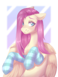 Size: 1024x1366 | Tagged: safe, artist:wivil, fluttershy, pegasus, pony, g4, abstract background, bust, clothes, cute, female, floppy ears, looking at you, looking sideways, mare, shyabetes, smiling, socks, solo, striped socks, three quarter view, wings