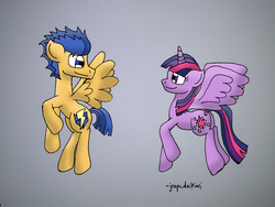 Size: 4160x3120 | Tagged: safe, artist:jrapcdaikari, edit, flash sentry, twilight sparkle, alicorn, pony, g4, female, looking at each other, male, ship:flashlight, shipping, sketch, straight, twilight sparkle (alicorn)