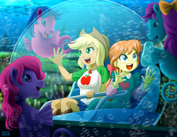 Size: 1400x1086 | Tagged: safe, artist:uotapo, applejack, bow tie (g1), megan williams, human, sea pony, equestria girls, equestria girls series, g1, g4, rescue at midnight castle, rollercoaster of friendship, amusement park, amusement ride, applejack's hat, call upon the sea ponies, cowboy hat, cute, duo, equestria land, female, g1 to equestria girls, generation leap, geode of super strength, hat, jackabetes, ride, sea ponies, seapony (g1), shoo be doo, species swap, underwater, uotapo is trying to murder us