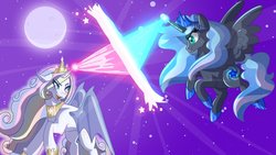 Size: 1024x576 | Tagged: safe, artist:ashidaii, oc, oc only, oc:floral rift, oc:spectral prism, alicorn, pony, alicorn oc, female, magic, mare, not celestia, not luna, race swap