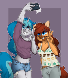 Size: 1850x2100 | Tagged: safe, artist:passigcamel, oc, oc:bubble lee, oc:honeypot meadow, earth pony, unicorn, anthro, anthro oc, beauty mark, cellphone, clothes, commission, female, gift art, mare, peace sign, phone, selfie, smiling