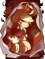 Size: 823x1060 | Tagged: safe, artist:tohupo, apple bloom, applejack, big macintosh, earth pony, pony, g4, apple siblings, blanket, bow, brother and sister, crossed hooves, cutie mark, female, filly, looking at you, male, mare, sheet, siblings, sisters, stallion