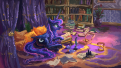 Size: 1920x1080 | Tagged: safe, artist:plainoasis, princess luna, alicorn, pony, g4, book, bookshelf, butt, crown, cute, donut, female, food, hourglass, indoors, inkwell, interior, jewelry, lying, mare, mess, on floor, painting, plot, quill, reading, regalia, solo, tail, underhoof, waiting