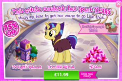 Size: 789x522 | Tagged: safe, gameloft, rosy pearl, yona, pony, g4, school daze, advertisement, costs real money, fashionista, gem, introduction card, las pegasus resident, sale