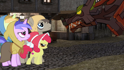 Size: 1280x720 | Tagged: safe, apple bloom, doctor whooves, time turner, timber wolf, g4
