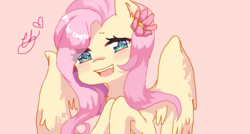 Size: 896x480 | Tagged: safe, artist:janineuy09, fluttershy, pegasus, pony, g4, blushing, bust, female, flower, flower in hair, looking at you, mare, open mouth, portrait, simple background, smiling, solo, wings