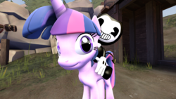 Size: 1920x1080 | Tagged: safe, artist:clawort-animations, twilight sparkle, pony, unicorn, g4, 3d, bendy, bendy and the ink machine, crossover, degroot keep, riding a pony, source filmmaker, unicorn twilight