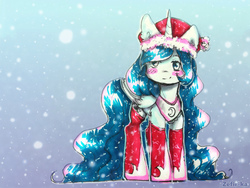 Size: 2309x1732 | Tagged: safe, artist:zefirka, princess luna, alicorn, pony, g4, blush sticker, blushing, clothes, female, folded wings, hat, jewelry, mare, regalia, snow, socks, solo, standing, winter outfit