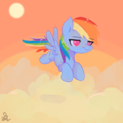 Size: 2000x2000 | Tagged: safe, artist:yunyeyoung, rainbow dash, pegasus, pony, g4, cloud, female, flying, high res, mare, sky, solo, spread wings, unamused, wings