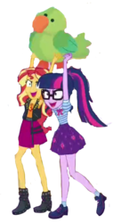 Size: 342x671 | Tagged: safe, artist:php77, editor:php77, sci-twi, sunset shimmer, twilight sparkle, parakeet, equestria girls, equestria girls specials, g4, my little pony equestria girls: better together, my little pony equestria girls: rollercoaster of friendship, >:d, carrying, happy, simple background, smiling, smirk, transparent background, yay