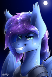 Size: 3000x4452 | Tagged: safe, artist:sparklyon3, oc, bat pony, pony, rcf community, armor, bat pony oc, bust, commission, eye scar, full moon, moon, night, scar