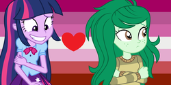 Size: 1000x500 | Tagged: safe, artist:prideponies, twilight sparkle, wallflower blush, equestria girls, g4, crack shipping, duo, female, headcanon, lesbian, lesbian pride flag, lgbt, lgbt headcanon, pride, pride flag, sexuality headcanon, ship:twiflower, shipping, shipping domino