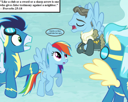 Size: 900x720 | Tagged: safe, edit, edited screencap, editor:korora, screencap, misty fly, rainbow dash, soarin', spitfire, wind rider, g4, rarity investigates, bible, bible verse, clothes, cropped, goggles, jacket, proverb, proverbs, religion, scarf, speech bubble, text, uniform, wonderbolts uniform