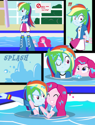 Size: 2200x2914 | Tagged: safe, artist:succubi samus, pinkie pie, rainbow dash, equestria girls, g4, boots, bracelet, comic, cute, female, heart, high res, hug, jewelry, lesbian, playful, ship:pinkiedash, shipping, shoes, show accurate, splash, swimming pool, water, wet, wet clothes, wristband