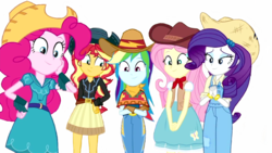 Size: 1280x720 | Tagged: safe, edit, edited screencap, editor:lonely fanboy48, screencap, fluttershy, pinkie pie, rainbow dash, rarity, sunset shimmer, equestria girls, five to nine, g4, my little pony equestria girls: better together, background removed, clothes, cowgirl, cute, happy, simple background, transparent background