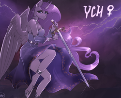 Size: 1300x1050 | Tagged: safe, artist:alicesmitt31, oc, oc only, alicorn, anthro, unguligrade anthro, alicorn oc, anthro oc, auction, clothes, commission, digital art, female, hoof shoes, looking sideways, mare, signature, solo, sword, thunder, weapon, ych example, your character here