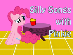 Size: 800x600 | Tagged: artist needed, safe, edit, pinkie pie, g4, cup, silly songs, silly songs with pinkie, sippy cup, song in the comments, table, title card, veggietales