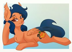 Size: 1024x740 | Tagged: safe, artist:itstaylor-made, oc, oc only, oc:trixi treats, bat pony, pony, bat pony oc, bedroom eyes, commission, draw me like one of your french girls, female, mare, solo, tongue out