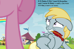 Size: 1080x720 | Tagged: safe, edit, edited screencap, editor:korora, screencap, amber waves, chirpy hooves, pinkie pie, g4, trade ya!, cropped, derp, discord lamp, feather, frightened, implied derpy, implied dinky, pennant, stuttering, tent, terrified, text