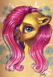 Size: 2840x4098 | Tagged: safe, artist:gaelledragons, fluttershy, pony, g4, bust, ear fluff, female, floppy ears, looking at you, looking sideways, mare, portrait, solo, stray strand, three quarter view, traditional art