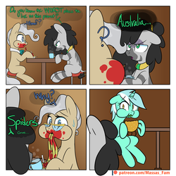 Size: 3080x3080 | Tagged: safe, artist:niggerdrawfag, lyra heartstrings, mayor mare, oc, oc:ziggy zaggy, earth pony, pony, spider, unicorn, zebra, g4, awkward moment, dialogue, high res, messy eating, patreon, patreon logo, ponies eating bugs, puffy cheeks, sweatdrop, zebra oc