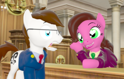 Size: 1135x720 | Tagged: safe, artist:aarondrawsarts, oc, oc:brain teaser, oc:rose bloom, 3d, ace attorney, brainbloom, caption this, clothes, courtroom, duo, female, glasses, heart eyes, lawyer, male, open mouth, skirt, source filmmaker, suit, surprised, tumblr, wingding eyes