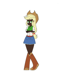 Size: 811x986 | Tagged: safe, artist:darkengales, artist:icicle-niceicle-1517, color edit, edit, applejack, human, equestria girls, g4, applejack's hat, belt, boots, clothes, colored, cowboy boots, cowboy hat, crossed arms, dark skin, denim skirt, equestria girls outfit, female, hat, humanized, shoes, simple background, skirt, solo, stetson, white background