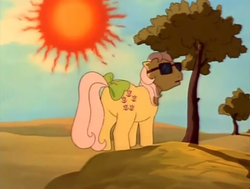 Size: 1018x768 | Tagged: safe, screencap, posey, pony, g1, the magic coins, cloud, hot, sky, sun, sunglasses, tree