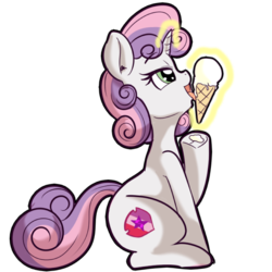 Size: 512x512 | Tagged: safe, artist:anibaruthecat, sweetie belle, pony, unicorn, g4, cute, diasweetes, explicit source, female, filly, food, glowing horn, horn, ice cream, ice cream cone, lewd, licking, magic, simple background, solo, telekinesis, the cmc's cutie marks, tongue out, transparent background, wrong magic color