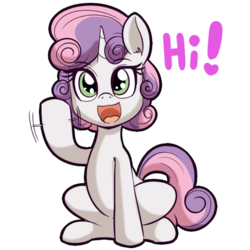 Size: 512x512 | Tagged: safe, artist:anibaruthecat, sweetie belle, pony, unicorn, g4, cute, diasweetes, explicit source, female, filly, foal, looking at you, open mouth, simple background, smol, solo, talking to viewer, text, transparent background, waving