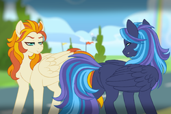 Size: 1024x683 | Tagged: safe, artist:azure-art-wave, oc, oc only, oc:phoenix feather, oc:raincloud song, pegasus, pony, duo, female, mare, offspring, parent:dumbbell, parent:lightning dust, parent:rainbow dash, parents:dumbdash, wonderbolts headquarters