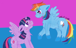 Size: 1587x997 | Tagged: safe, artist:newbuildabearart, rainbow dash, twilight sparkle, alicorn, pony, g4, female, lesbian, ship:twidash, shipping, twilight sparkle (alicorn)