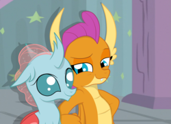 Size: 1936x1400 | Tagged: safe, artist:squipycheetah, ocellus, smolder, changedling, changeling, dragon, g4, season 8, bedroom eyes, changeling x dragon, cute, diaocelles, female, folded wings, happy, lesbian, nudge, nudging, school of friendship, ship:smolcellus, shipping, smiling, smolderbetes