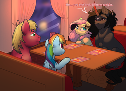 Size: 2321x1680 | Tagged: safe, artist:evehly, artist:karmadash, big macintosh, fluttershy, king sombra, rainbow dash, earth pony, pegasus, pony, unicorn, g4, collaboration, crack shipping, double date, female, male, mare, restaurant, ship:rainbowmac, ship:sombrashy, shipping, stallion, straight, talking