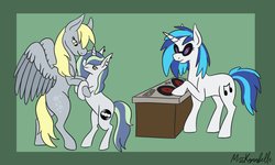 Size: 1780x1065 | Tagged: safe, artist:misskanabelle, derpy hooves, dj pon-3, vinyl scratch, oc, oc:taylor (ice1517), pegasus, pony, unicorn, g4, abstract background, bipedal, dancing, ear piercing, earring, female, green background, horn, jewelry, lesbian, magical lesbian spawn, male, mare, next generation, offspring, piercing, raised hoof, record, shipping, signature, simple background, stallion, sunglasses, trans male, transgender, turntable, unicorn oc, wings