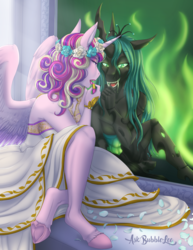 Size: 1545x2000 | Tagged: safe, artist:askbubblelee, princess cadance, queen chrysalis, alicorn, changeling, changeling queen, anthro, unguligrade anthro, bronycon, bronycon 2018, a canterlot wedding, altered reflection, bride, clothes, disguise, disguised changeling, dress, fake cadance, featured image, female, lipstick, mare, mirror, print, reflection, scene interpretation, sharp teeth, teeth, this day aria, underhoof, wedding dress