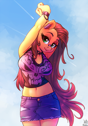 Size: 896x1280 | Tagged: safe, alternate version, artist:atryl, artist:siden, edit, editor:jamalleymall, oc, oc only, oc:pumpkin lily, earth pony, anthro, anthro oc, arm behind head, armpits, beautiful, bedroom eyes, belly button, breasts, clothes, cloud, collaboration, cute, denim skirt, female, looking at you, mare, midriff, miniskirt, shirt, signature, skirt, sky, solo, stretching, ych result