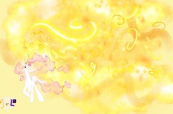 Size: 1339x883 | Tagged: safe, artist:tiaandluluanimations, princess celestia, alicorn, pony, g4, eye, female, gold, light, light skin, magic, pink hair, pink-mane celestia, princess, simple background, yellow, yellow background, young